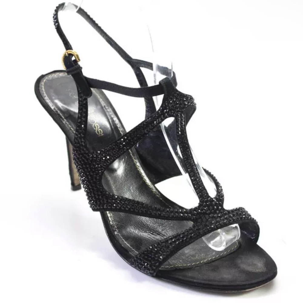 Sergio Rossi Satin Crystal Strappy High Heels Sandals Black 38 8 Great condition